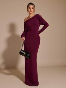 SHEIN BAE Vestido de punto ajustado con hombro asimétrico burdeos, vestido de suéter de manga larga con falso cachemira gruesa para mujer, otoño/invierno - Burdeos - Ver 3