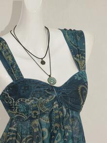 SHEIN ICON Women's Retro Sexy Elegant Bohemian Style Y2K Millennial Style Blue Paisley Pattern Sweetheart Neckline Chest Tie Pleated Slit Asymmetrical Hem Mesh See-Through Top