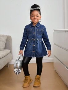 SHEIN 少女海军蓝牛仔翻领长袖长夹克 - 深色水洗藍 - 查看 4