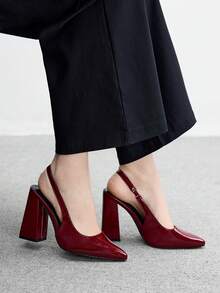 CUCCOO BIZCHIC Women's Fashion Pointed Toe Chunky High Heel Burgundy Minimalist Pumps With Ankle Strap, Suitable For Daily Commute, Work, Shopping, Party And Formal Occasions For Christmas Spring Shoes - Burgundy - View 5