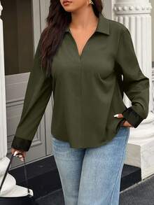 Calvaya Plus Size Elegant Contrast Lace Collared Long Sleeve Shirt, Autumn - Army Green - View 2