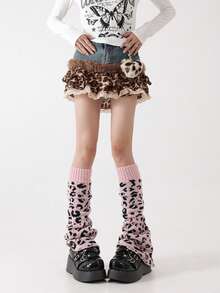 ROMWE Goth 1 Pair Pink Leopard Print Knit Leg Warmers, Y2K Chic Minimalist Wild Style, Suitable For Commuting, School, Shopping, Parties, Halloween, Christmas And Other Occasions, Autumn/Winter