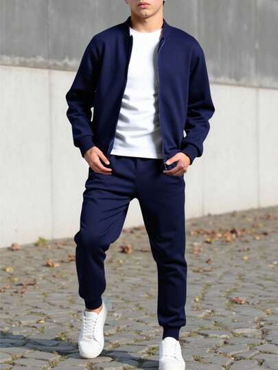 SHEIN 2 件儿童/青少年男童休闲运动纯色棒球夹克连帽衫和慢跑裤套装，适合学校、花园、海滩、生日、春季、夏季、秋季、冬季