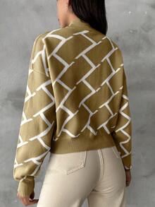 SHEIN Women's Stand Collar All-Over Print Casual Long Sleeve Sweater