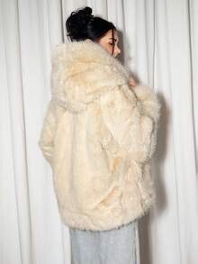 Sweetina Women's Autumn And Winter Warm Sweet Cute Girl Casual Y2K Millennium Snow Hooded Loose Profile Curved Hem Apricot Long Hair Fake Fur Coat - White - View 2