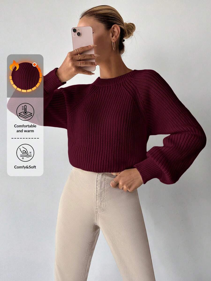 EURMUSE Women's Casual Solid Color Raglan Sleeve Sweater, Autumn - Burgundy - View 1