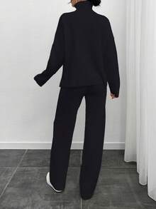 EURMUSE Set de pulover și pantaloni de pulover pentru femei, de culoare uni, cu umăr căzut - Negru - Vizualizare 2
