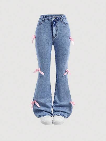 SHEIN Teen Girls Y2K Fashionable Stonewashed Stretchy Denim Flared Leg Jeans Pants With Bowknot Decorated Pockets,Girls Clothes Back To School Streetwear Outfits