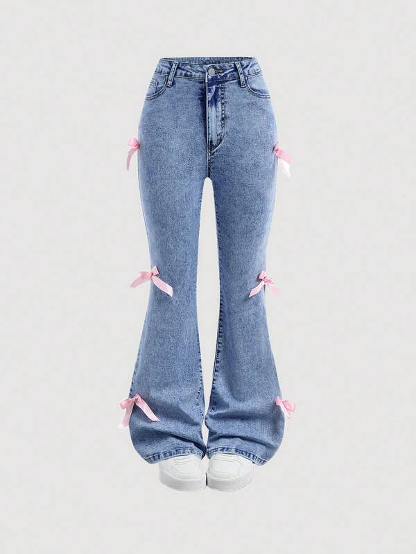 SHEIN Pantalones vaqueros acampanados de mezclilla elástica con lavado de piedra y bolsillos decorados con moños para adolescentes, ropa de chicas para volver a la escuela y atuendos de moda callejera