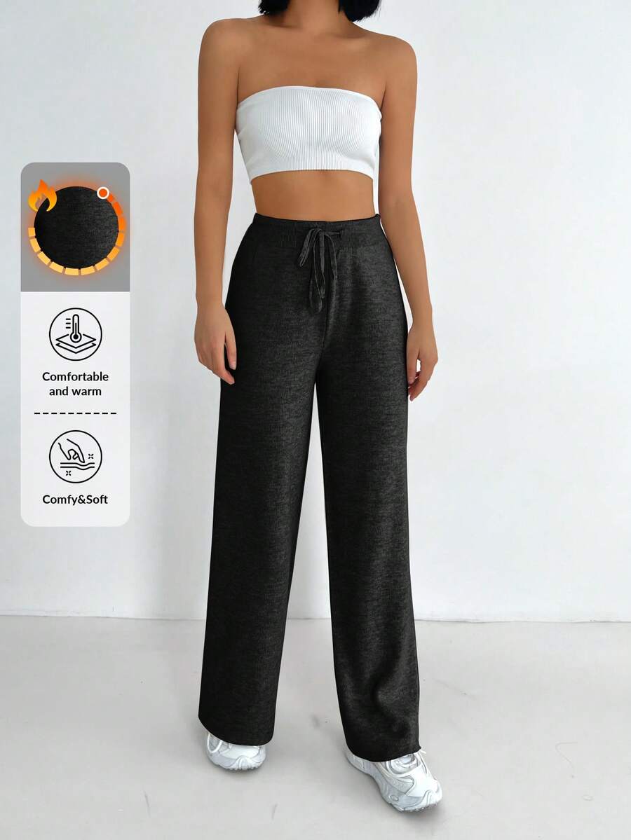 EURMUSE Drawstring Waist Sweater Pants - Black - View 1