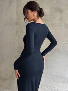 Firerie 女士优雅精致日常新款通勤简约时尚褶饰高腰金属装饰紧身长袖深棕色长裙 - 藏蓝色 - 查看 8