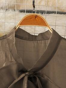 DreamSkyne Plus Size Women's Pearl Beaded Bow Flare Sleeve Elegant Blouse