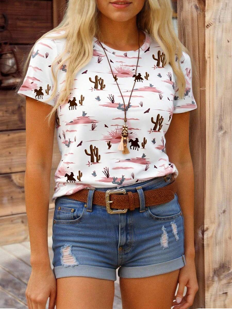 INAWLY Western Cowboy Desert Style, Pink Cactus Print Women's White T-Shirt - White - View 1