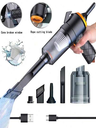 六合一迷你吸尘器，高功率，超强吸力，配备紧急功能：安全带切割刀片、尖锥破窗器；可充电锂电池，超长续航，便携式吸尘器，假日、夏季和旅行必备，集除尘、吸尘、充气等功能于一体。