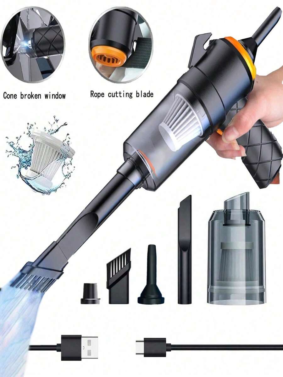 六合一迷你吸尘器，高功率，超强吸力，配备紧急功能：安全带切割刀片、尖锥破窗器；可充电锂电池，超长续航，便携式吸尘器，假日、夏季和旅行必备，集除尘、吸尘、充气等功能于一体。 - 黑色 - 查看 1