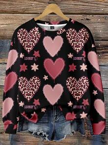 EMERY ROSE Felpa casual e versatile con stampa full-print sfumata rosa, cuori leopardati e stelle, adatta per donna taglia comoda, ideale per autunno/inverno, Ognissanti, Natale - Multicolore - Visualizzare 1