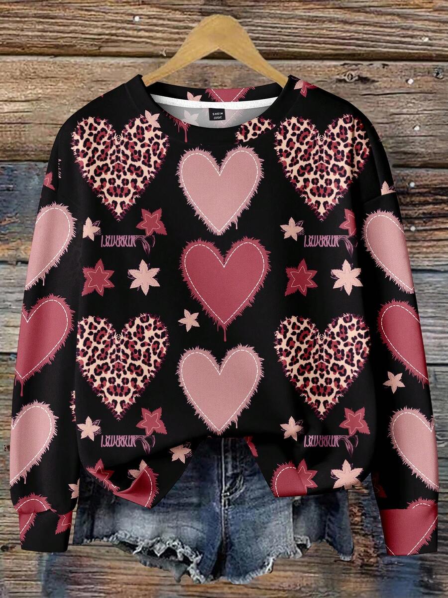 EMERY ROSE Felpa casual e versatile con stampa full-print sfumata rosa, cuori leopardati e stelle, adatta per donna taglia comoda, ideale per autunno/inverno, Ognissanti, Natale - Multicolore - Visualizzare 1