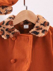 Young Girls Cute Leopard Print Bow Decor Hat Paired With Plush Collar Brown Thick Long Sleeve Autumn/Winter Fashion Snap Button Jacket - Coffee Brown - View 7