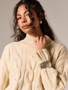AiiRZ Cable Knit Turtleneck Pullover Sweater With Classic Pattern Fall Winter Cozy Knitwear - Apricot - View 6
