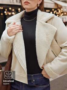 Easura 大码机车风短款保暖长袖夹克 - 杏色 - 查看 1