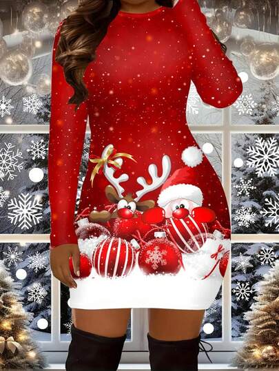 EMERY ROSE Women's Fashion Christmas Print Bodycon Dress, Versatile For Dates, Vacations, Free Style, Matching, Holiday Vibes, Artistic Romantic, Creative, Snowman Print, Red Tone