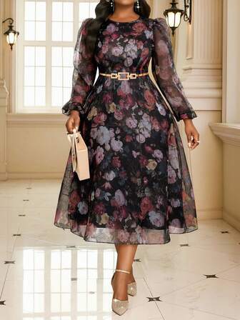 Fleurora 2025 New Plus Size Women's Elegant Floral Print Lantern Sleeve Sheer Organza Dress, Vacation Style, Spring/Summer/Autumn (Belt Not Included) Stylish Clothing Collection