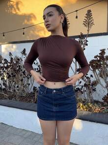 Andrea Bello 女款純色立領長袖收腰休閒修身上衣，秋季女裝，適合小個女生 - 棕色 - 查看 6
