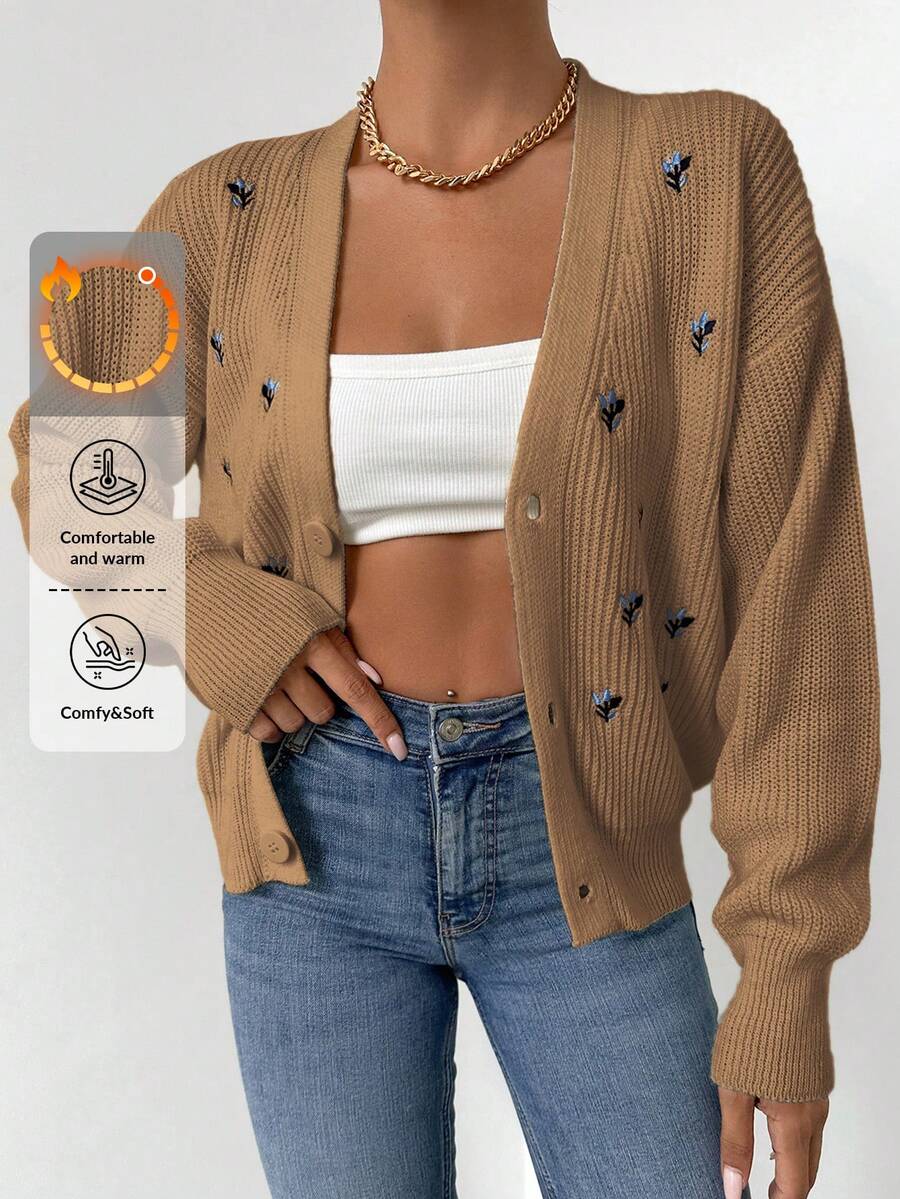 Floral Embroidery Button Down Cardigan - Apricot - View 1