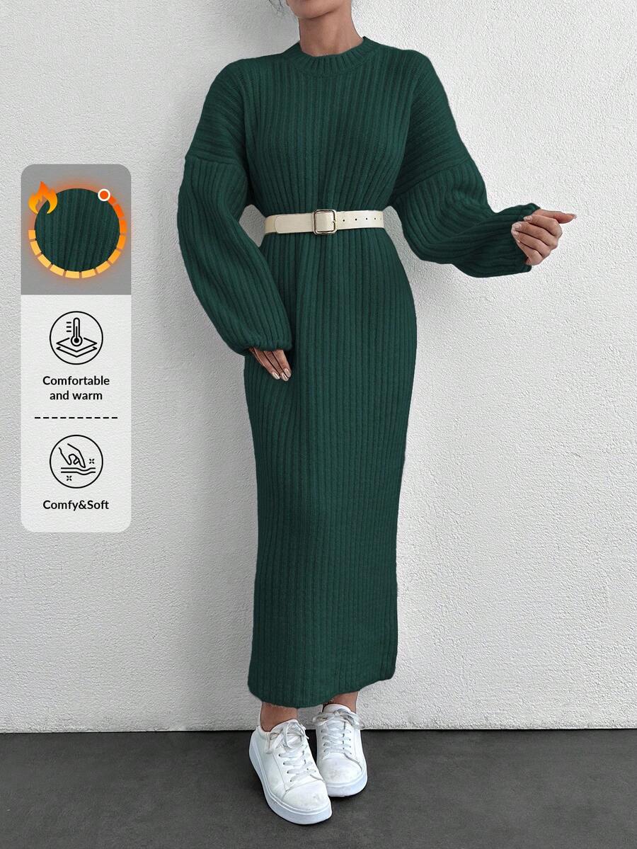 EURMUSE Women Casual Solid Color Long Sweater Dress, Autumn/Winter - Dark Green - View 1