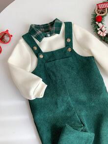 SHEIN 男婴保暖内衬米色卫衣+绿色灯芯绒格子背带裤套装（2件套），舒适百搭，时尚休闲基础款，适合室内、户外滑雪、日常穿着、运动、玩耍、聚会、秋冬季摄影等场合。 - 綠色 - 查看 5