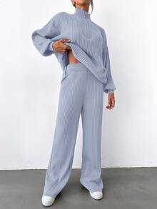 EURMUSE Women's Solid Color Zip-Up Half Placket Drop Shoulder Long Sleeve Long Sweater And Flared Pants Casual 2-Piece Set, Autumn/Winter - Baby Blue - View 4