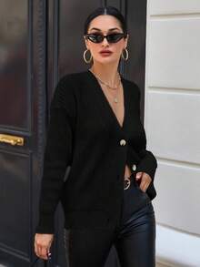 EURMUSE V-neck Cardigan With Drop Shoulder Sleeves - Black - View 3