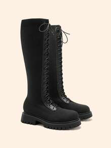 CUCCOO BASICS Bottes hautes noires à lacets et semelle épaisse pour femmes, design à enfiler d'un seul geste avec élastique. Convient pour le travail, les rendez-vous, les rassemblements, les fêtes, les festivals de musique, la rue, les vacances et autres occasions - Noir - Voir 7