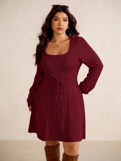 Elaquor Plus Size Women Geometric Pattern Waist Tie Long Sleeve Casual Knit Dress, Autumn/Winter Red
