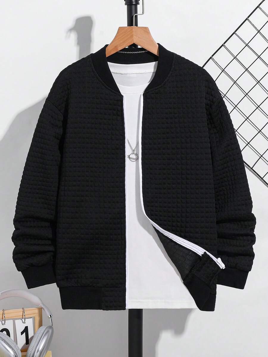 SHEIN Tween Boy 休闲百搭纹理迷你格子棒球夹克,适合通勤、上学、日常休闲装、运动、秋冬 - 黑色 - 查看 1