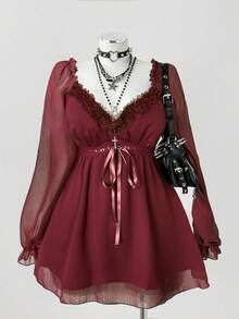 Sunspun 大码女式撞色蕾丝甜心领长袖系腰时尚优雅衬衫 - 酒紅色 - 查看 2