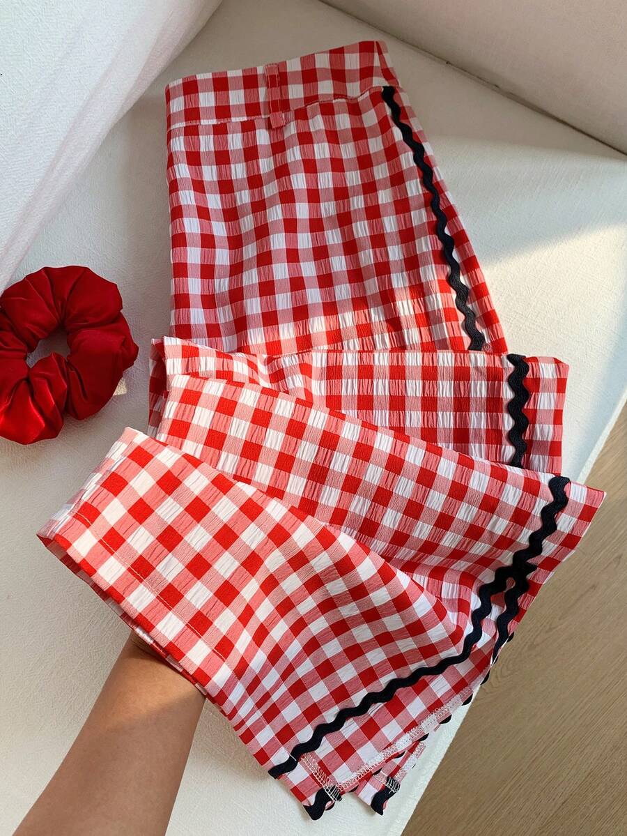 Comfortcana Women's Patchwork Wavy Ribbon Plaid Wide Leg Loose Casual Pants, Christmas