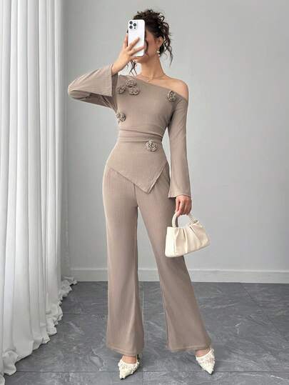 Teen Girl 3D Floral Oblique Shoulder Long Sleeve Top And Long Pants Set, Suitable For Spring And Autumn