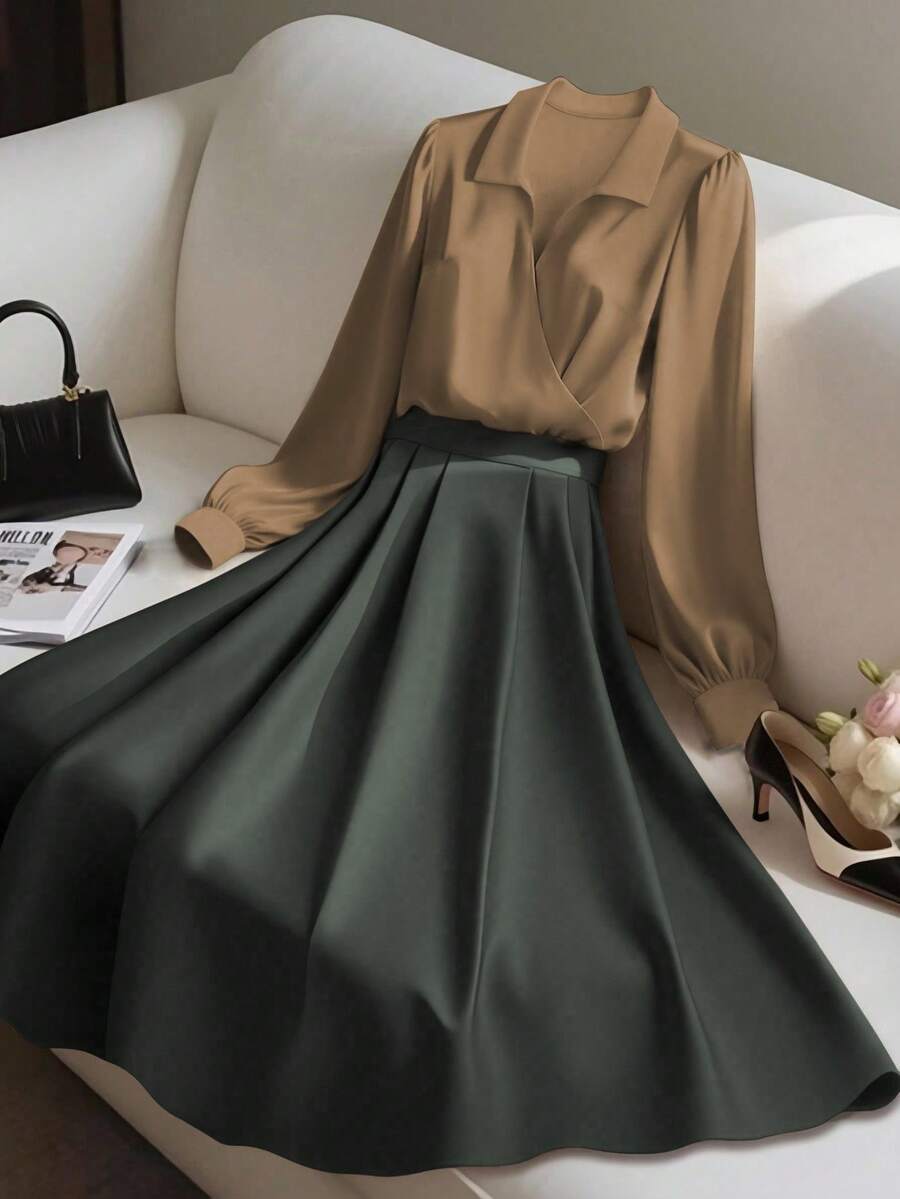 Franclia 2pcs Women Elegant Shiny Fabric Top And Pleated Midi Skirt Set, Suitable For Layering Or Standalone, Autumn/Winter - Multicolor - View 1