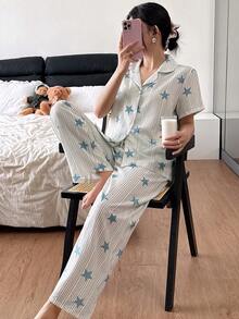 SHEIN 星条纹休闲翻领开衫女士睡衣套装