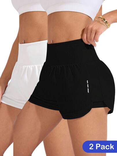 Velisys Conjunto de 2 Peças de Shorts Esportivos Casuais de Cintura Alta Minimalista de Cor Sólida para Mulheres, Shorts de Atividade Física, Shorts de Academia