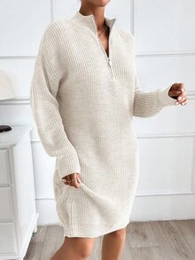 EURMUSE Damen einfarbiges Strickkleid mit Reißverschlussdetails - Beige - Übersicht 2
