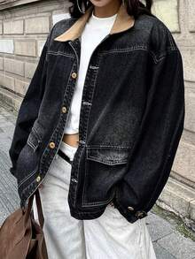 DAZY 女式撞色领口纽扣休闲长袖牛仔夹克 - 深色水洗藍 - 查看 4