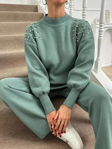 EURMUSE Women's Round Neck Drop Shoulder Long Sleeve Sweater And Sweater Pants Two Piece Set - Mint Green - View 3