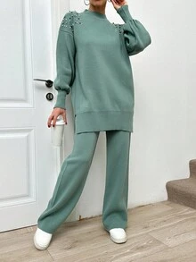 EURMUSE Women's Round Neck Drop Shoulder Long Sleeve Sweater And Sweater Pants Two Piece Set - Mint Green - View 4