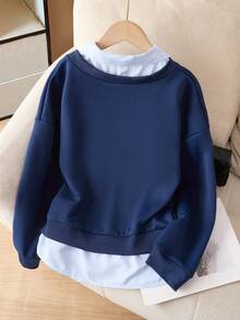 新款秋季简约时尚个性韩版百搭休闲女童卫衣 - 藏蓝色 - 查看 2