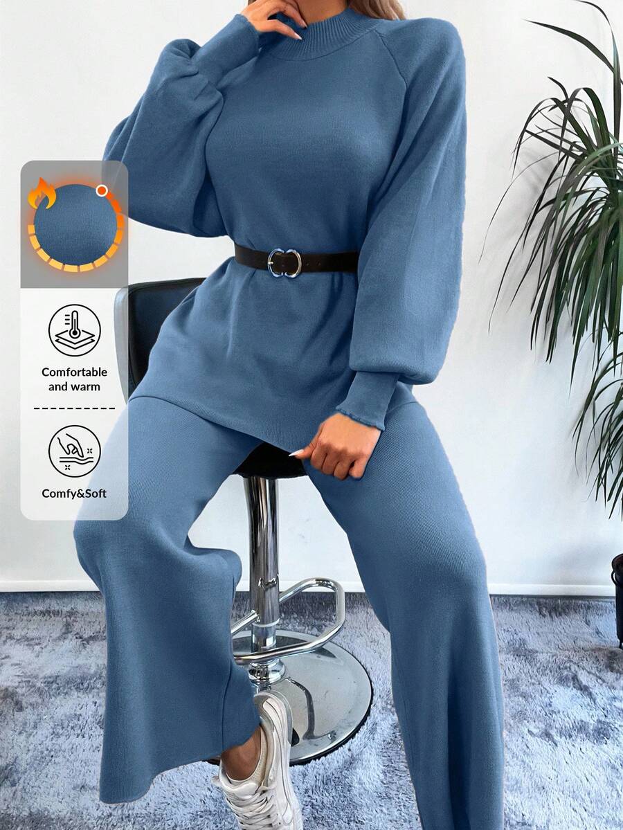 EURMUSE Mock Neck Raglan Sleeve Sweater & Knit Pants Without Belt - Blue - View 1