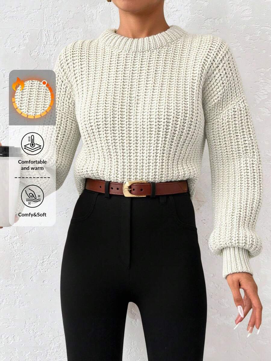 EURMUSE Women's Solid Color Crew Neck Dropped Shoulder Long Sleeve Loose Casual Sweater, Fall/Winter - White - View 1
