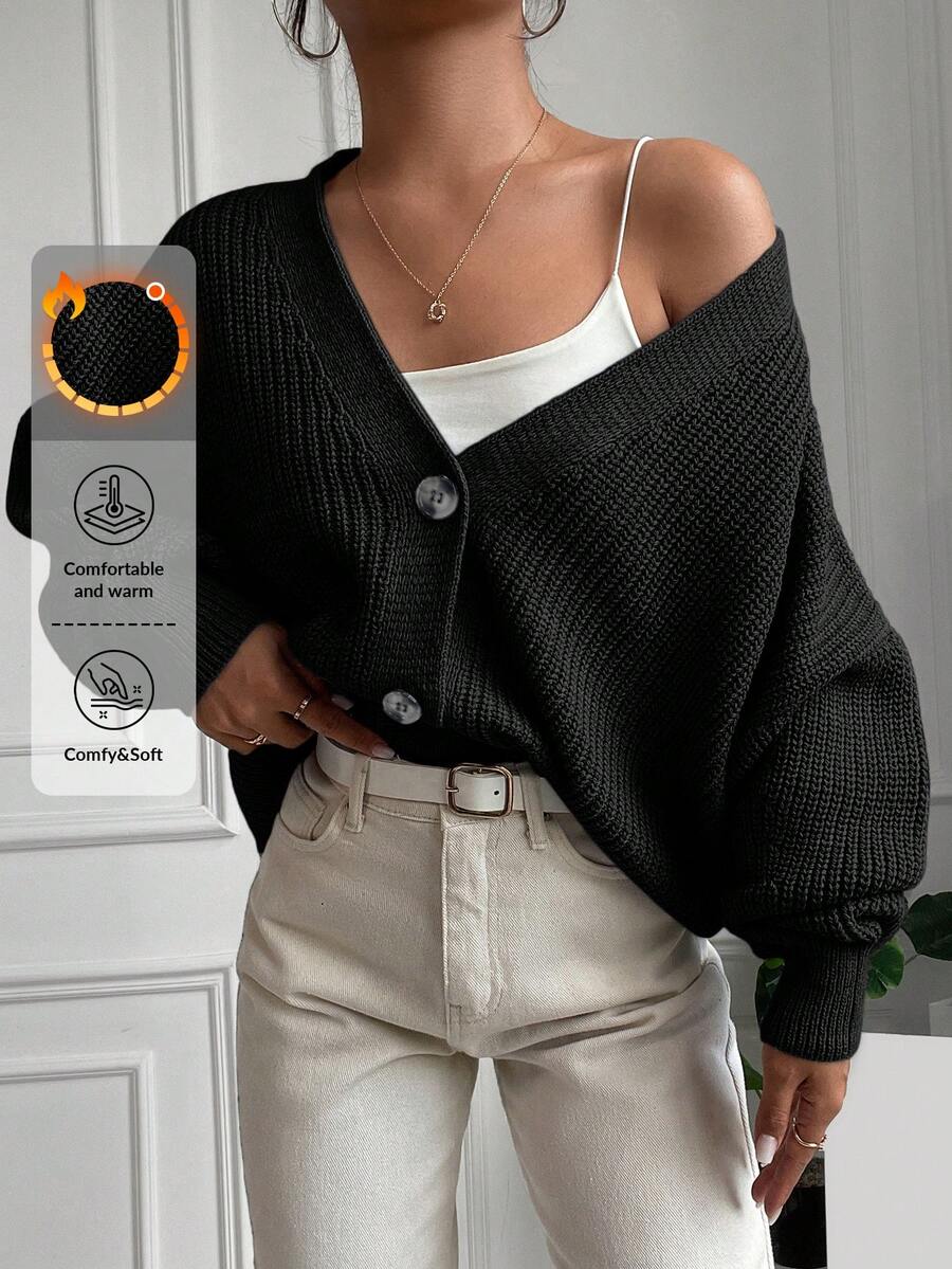 EURMUSE Solid Color Loose Fit Open Front Cardigan - Black - View 1