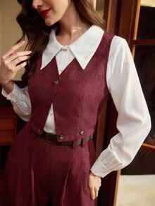 Vintamour 复古优雅女式两件套 V 领无袖背心，带纽扣腰带环，高腰阔腿裤，棕色休闲假日女式上衣，女式冬装两件套，女式新年女装圣诞装女式背心两件套，女士商务休闲女式西装外套圣诞装套装，女式短款上衣，女式办公室装，女式工作裤，女式正装裤，情人节，情人节 - 酒紅色 - 查看 2